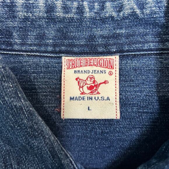 True Religion Mens Dark Wash Indigo Blue Western Shirt Cotton Button-Down Size L - Picture 5 of 6